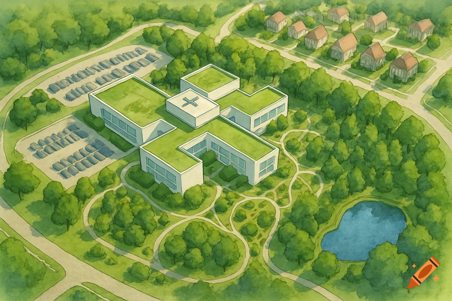 Aerial watercolor of a suburban medical facility with green roofs, parking, pond, and houses amidst lush greenery.