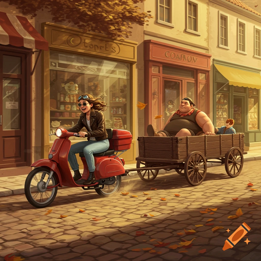 An illustration of a woman on a red moped pulling a wagon with a fat man and child down a cobblestone street in autumn.