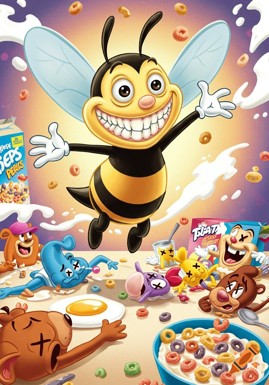 A jubilant cartoon bee with a wide grin stands over defeated cereal mascots and scattered colorful cereal O's in a vibrant illustration.