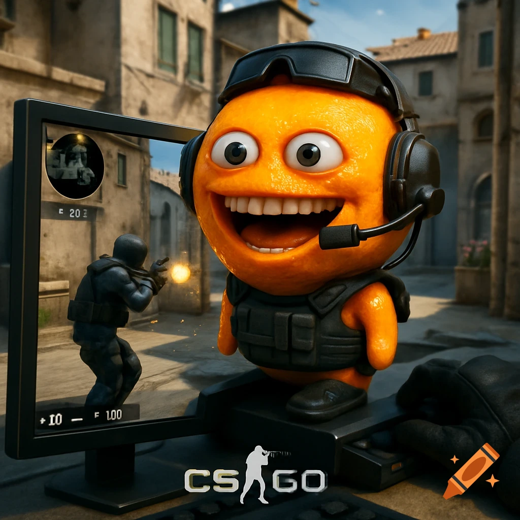 Smiling 3D Annoying Orange character in a gaming headset and vest, playing Counter-Strike: Global Offensive on a monitor.