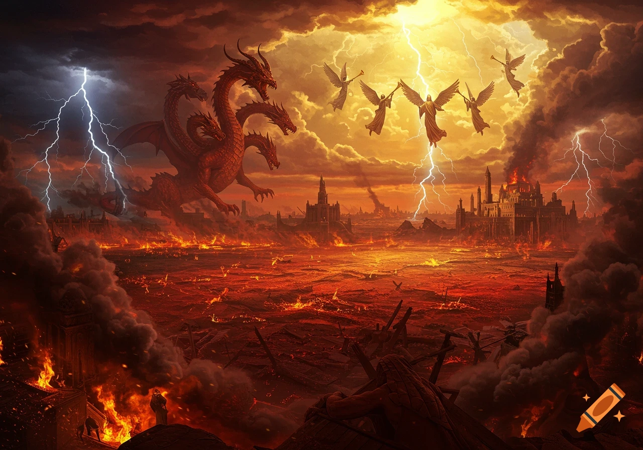 A multi-headed red dragon and angels in an epic dark fantasy apocalyptic scene with burning cities, lava, and lightning.