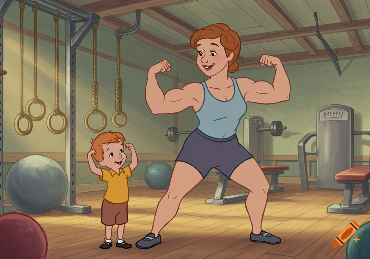 Christopher Robin's mom flexes muscles in a gym as her son imitates her, Disney cartoon style.