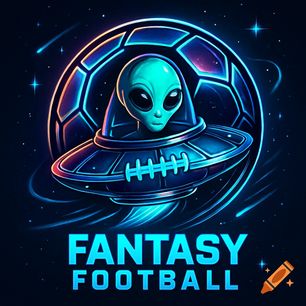 A vibrant neon logo featuring a green alien in a UFO shaped like a football, against a starry space background with the text 'FANTASY FOOTBALL'.