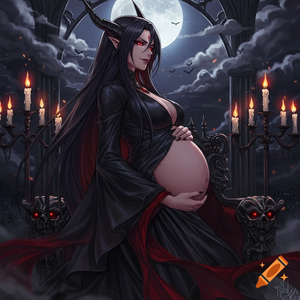 Anime demoness, with horns and long black hair, sitting on a gothic throne holding her pregnant belly under a full moon.