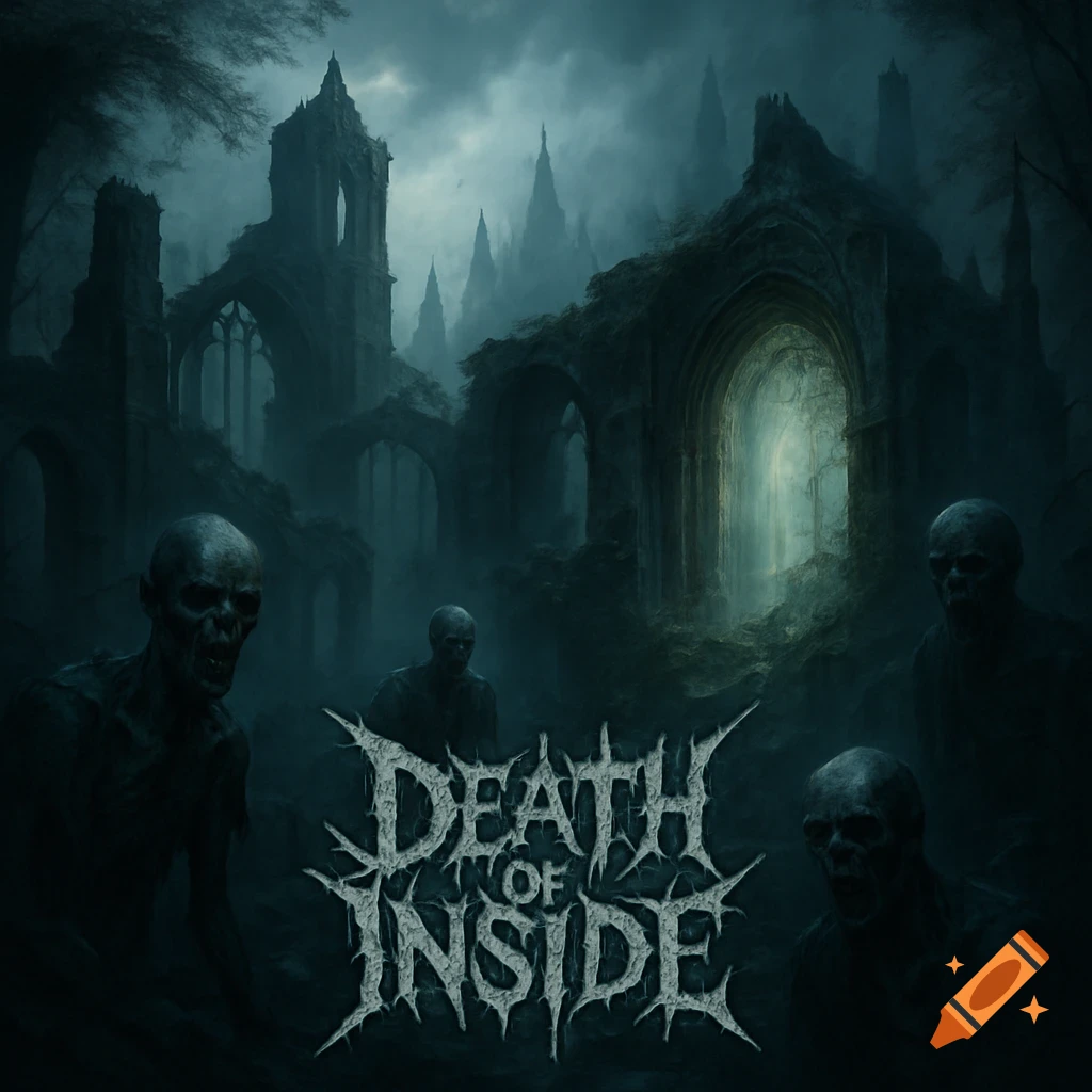 Three zombie figures stand before crumbling gothic ruins in a misty dark fantasy landscape with a 'Death of Inside' logo.