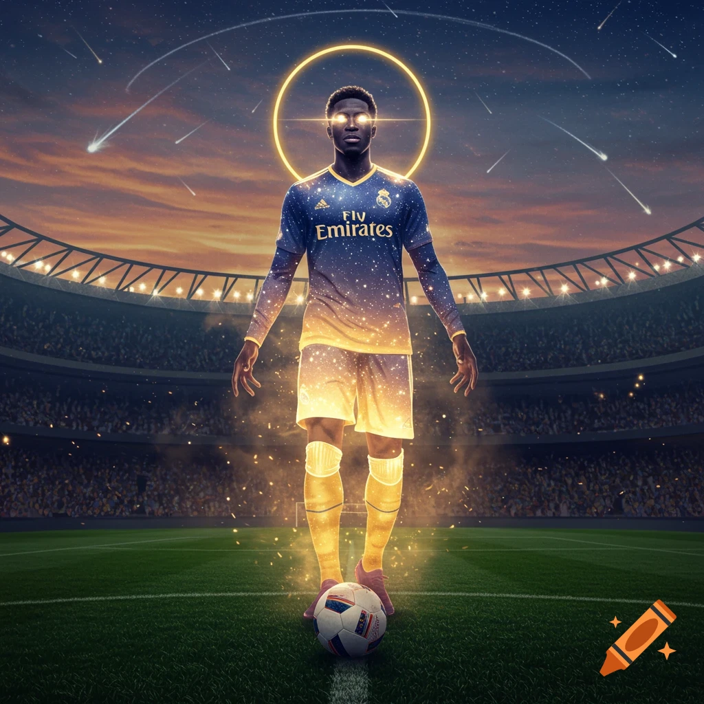 A glowing footballer with a halo stands on a stadium pitch, a soccer ball at his feet, under a cosmic sunset sky.