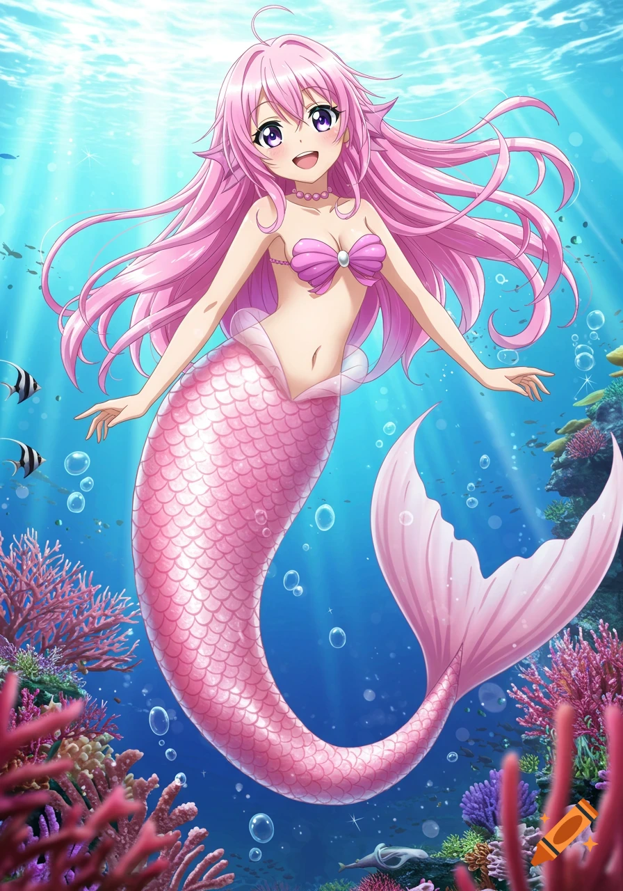 Cute anime mermaid with long pink hair and a pink scaled tail swimming underwater amidst coral and fish.