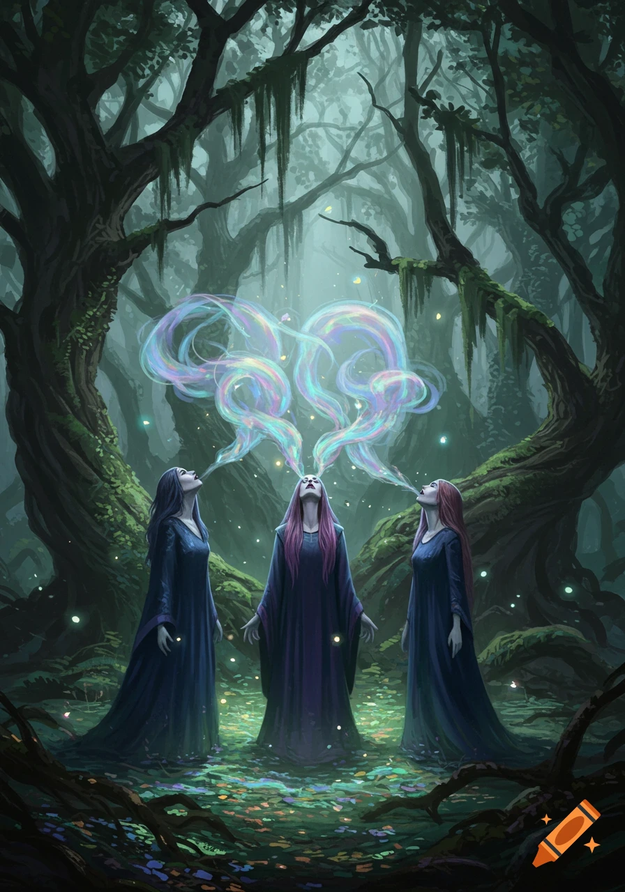 Three witches in long robes stand in a dark, mystical forest, expelling colorful, glowing smoke from their mouths.