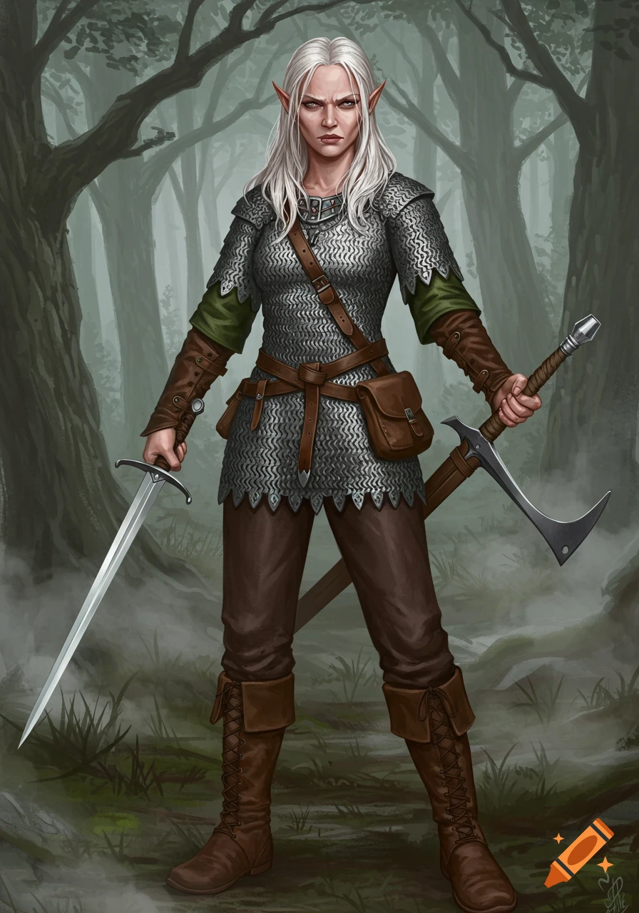 A serious elf woman with white hair and chainmail armor stands in a misty forest, holding a shortsword and a main-gauche.