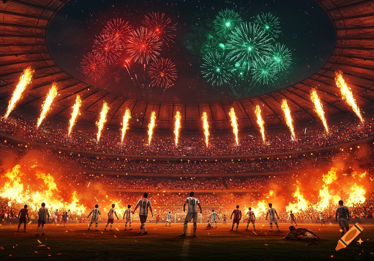 A football stadium during a game with players, red and green fireworks exploding in the sky, and flames erupting around the packed stands.