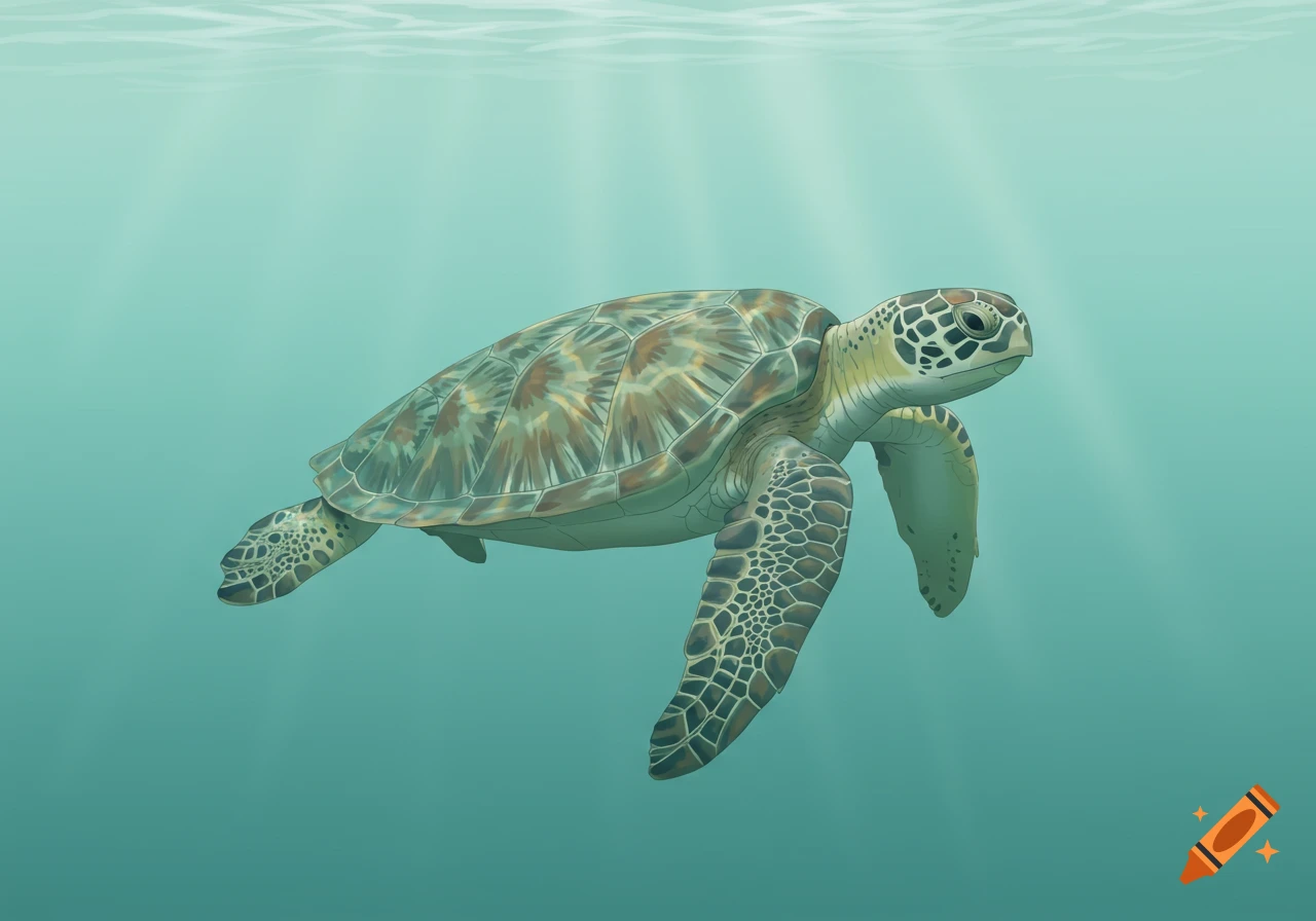 A simple illustration of a green sea turtle swimming in clear blue-green ocean water with sunlight streaming from above.