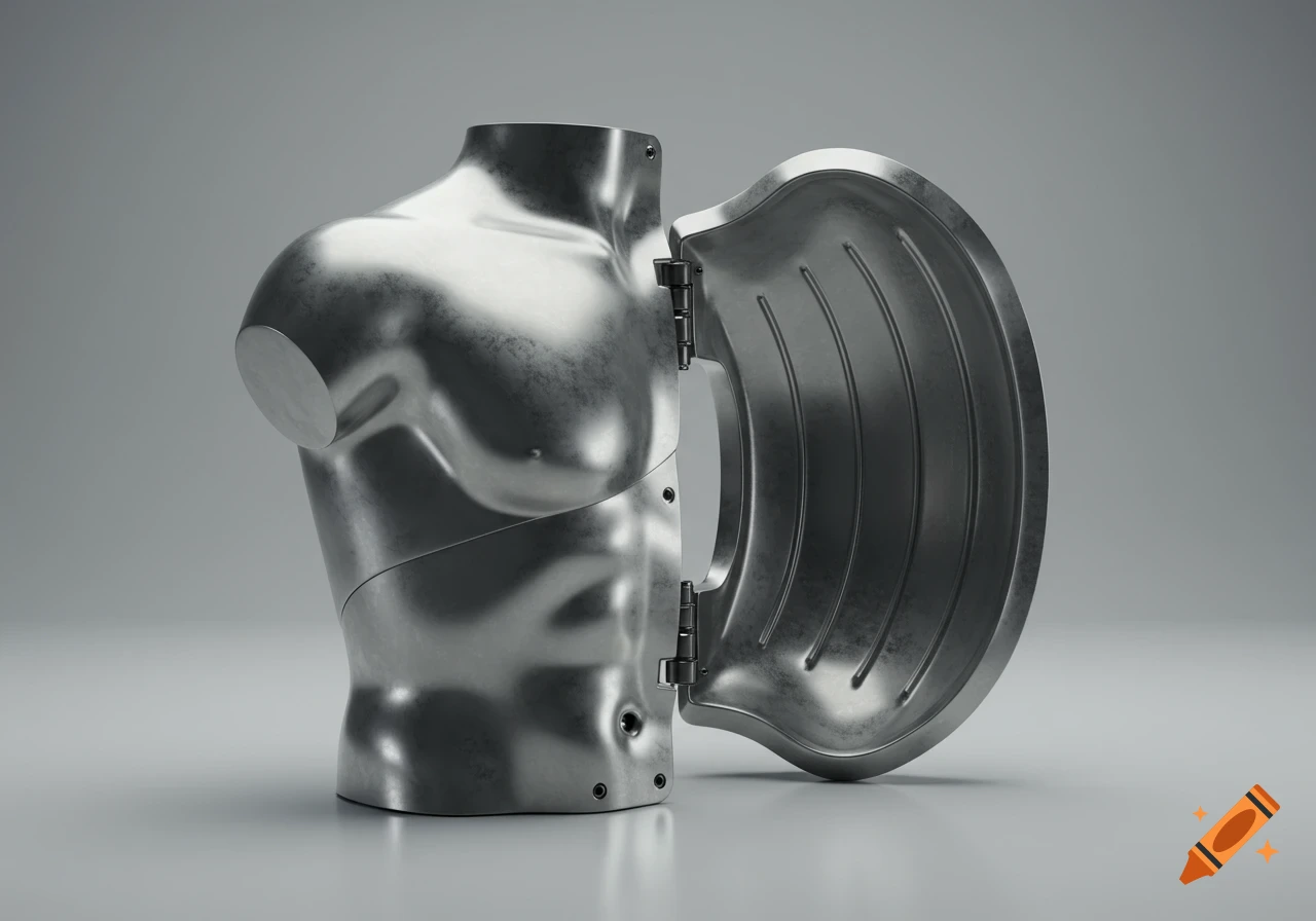 A metallic, half-open clamshell mold of a human torso, with hinges on the side, against a gray background.