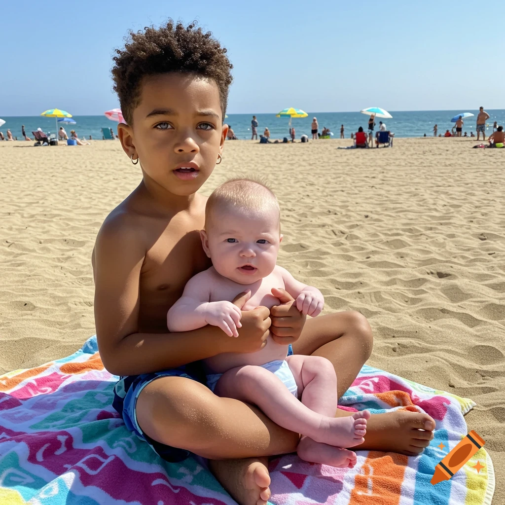 A young boy holds a baby on a colorful beach towel at a sunny beach. Other people and the ocean are in the background.