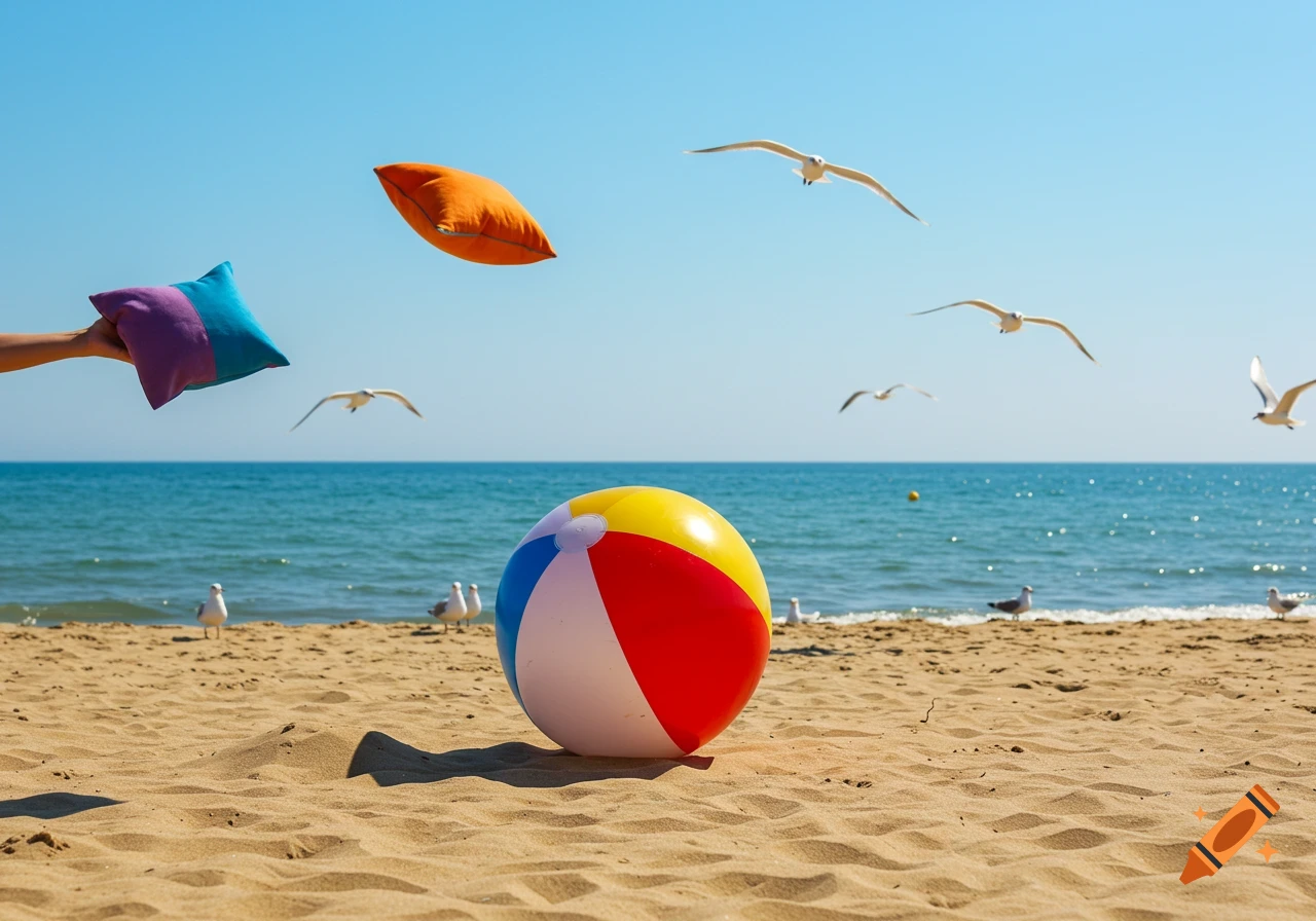 A hand throws colorful pillows on a sunny beach with a beach ball, ocean, and seagulls in the background.