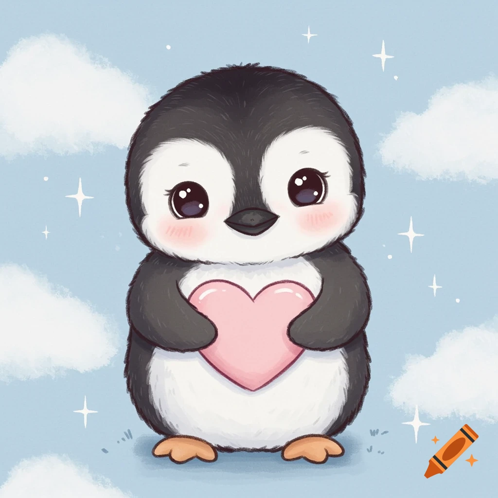 A super cute cartoon penguin with big eyes holds a pink heart, set against a light blue sky with clouds and sparkles.
