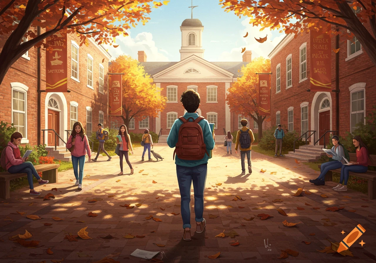 An autumn campus scene with students walking and sitting outside brick buildings and a main hall, under trees with orange leaves.