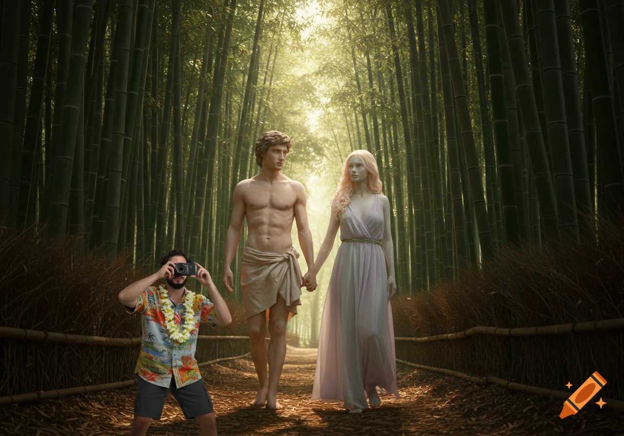 A man in a Hawaiian shirt photobombs Adam and Eve walking hand-in-hand through a sunlit bamboo forest. Photorealistic.