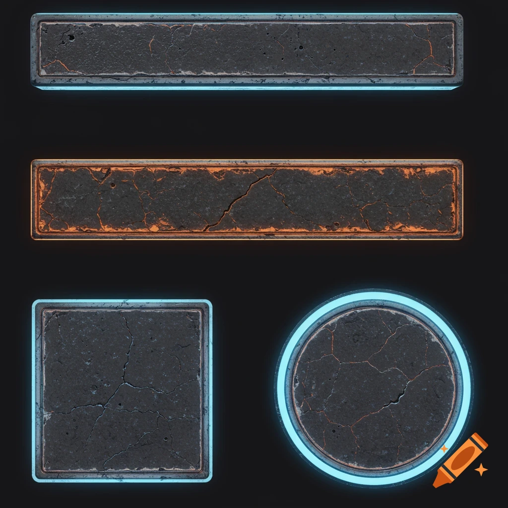 Four weathered concrete trim textures with glowing blue and orange borders on a dark background.