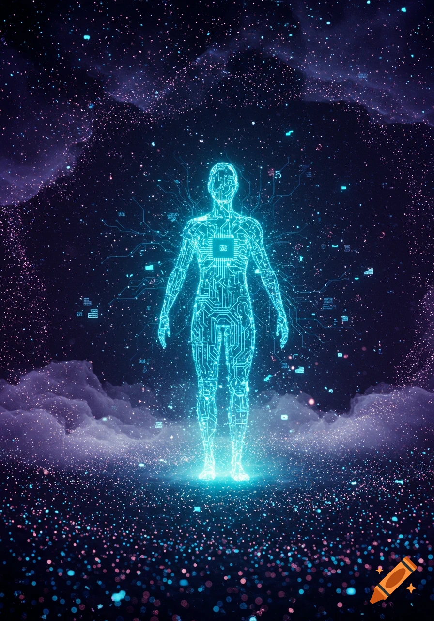 A glowing, circuit-board-outlined human figure stands in a vast, dark cosmic space filled with glittering particles and purple nebulae.