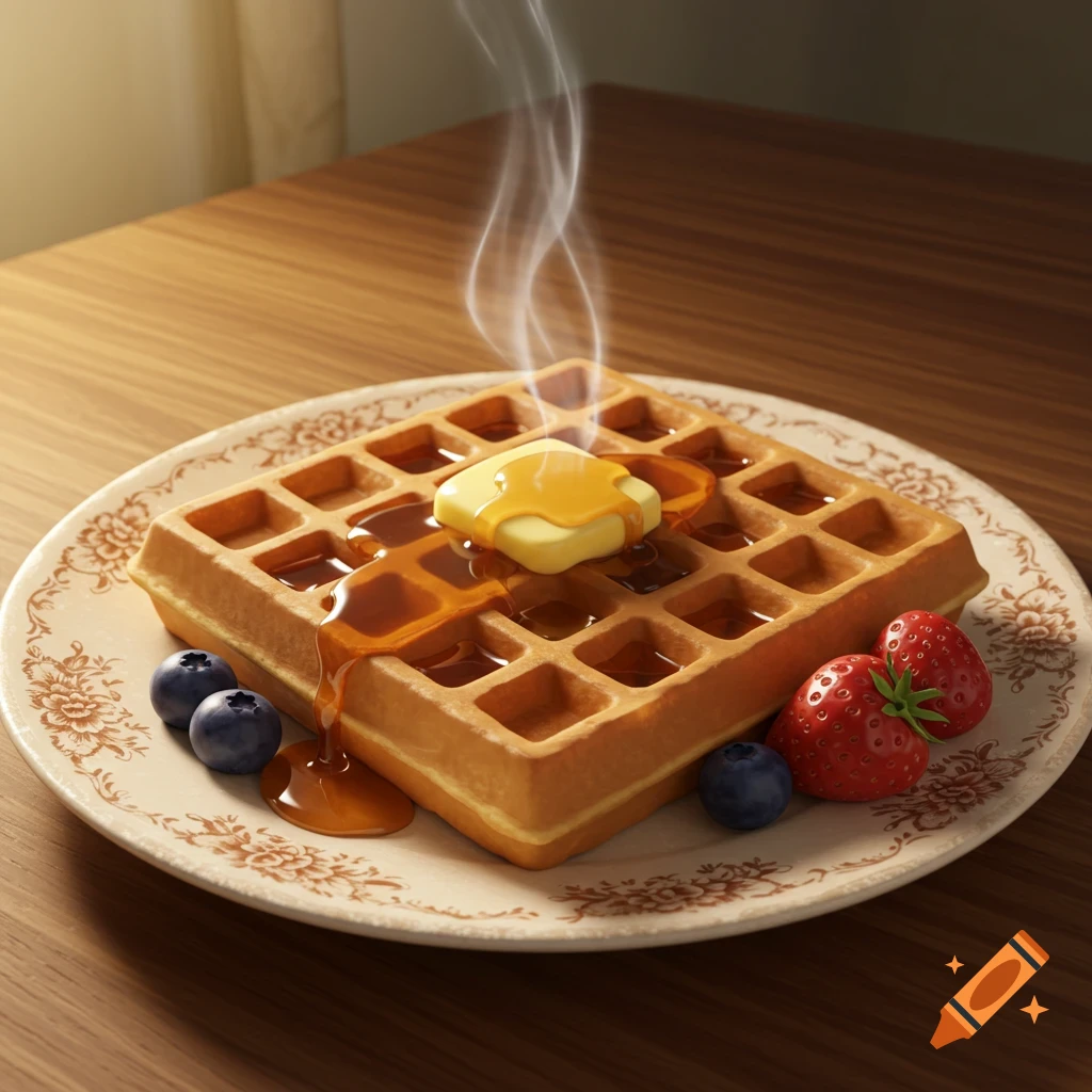 Photorealistic steaming waffle topped with melting butter, syrup, blueberries, and strawberries on a patterned plate.