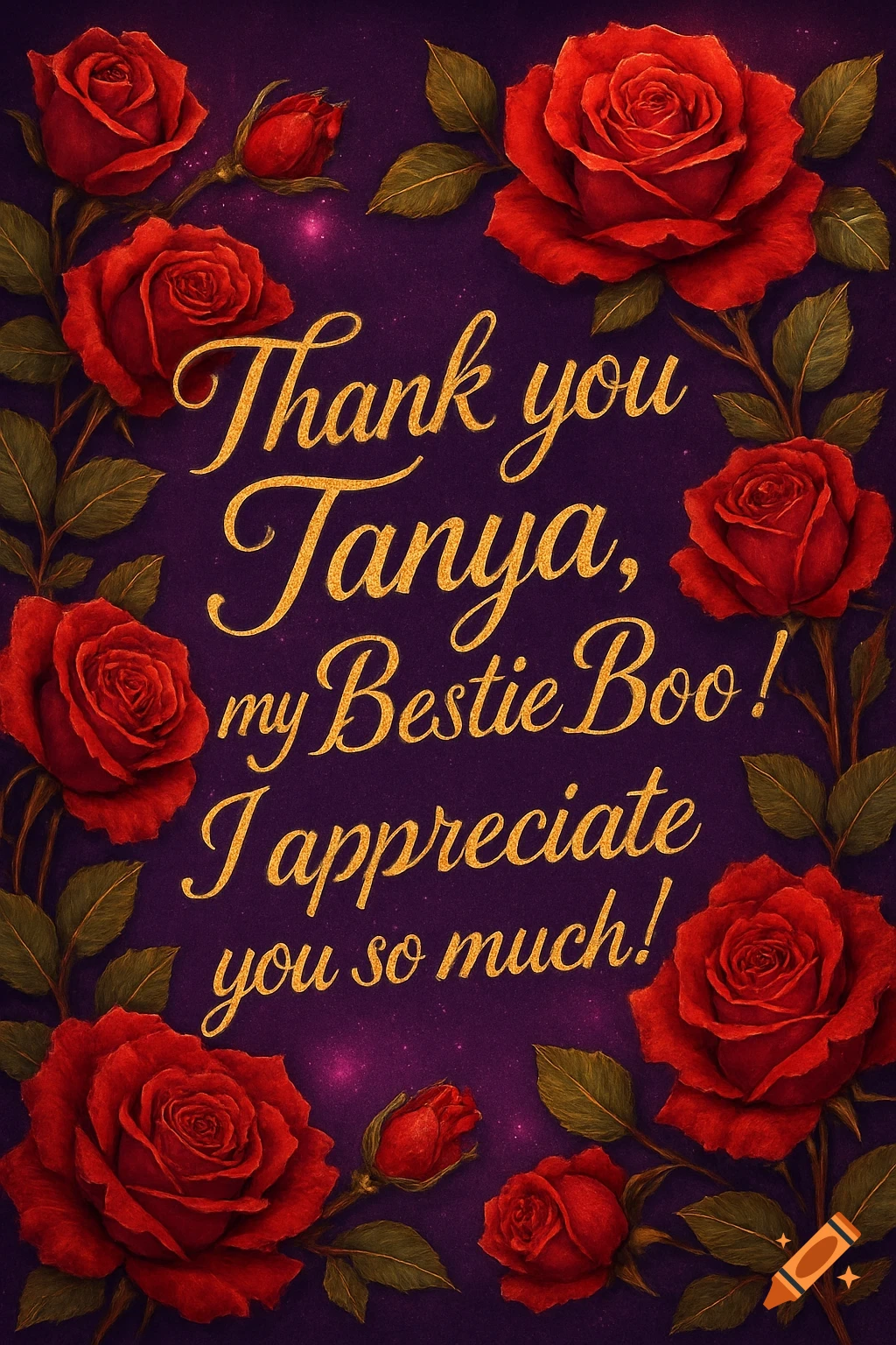 A thank you card with red roses on a purple background, golden text says "Thank you Tanya, my Bestie Boo! I appreciate you so much!".