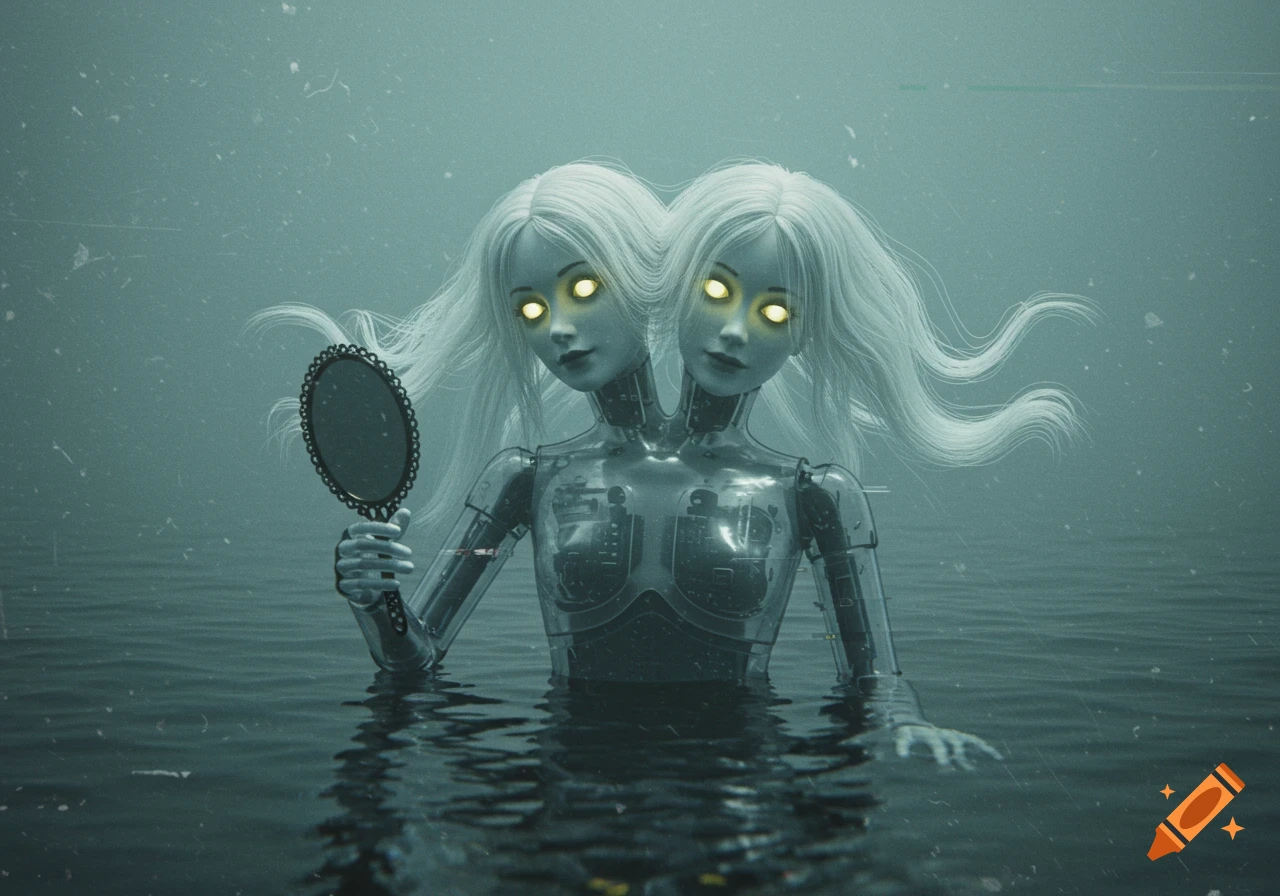 Double-headed automaton with transparent body, glowing eyes, white hair, holding a mirror in grainy water. Digital art.