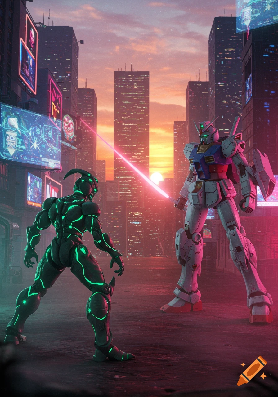 A Guyver-like figure and a Gundam mech face off with a laser sword in a neon-lit cyberpunk city at sunset.