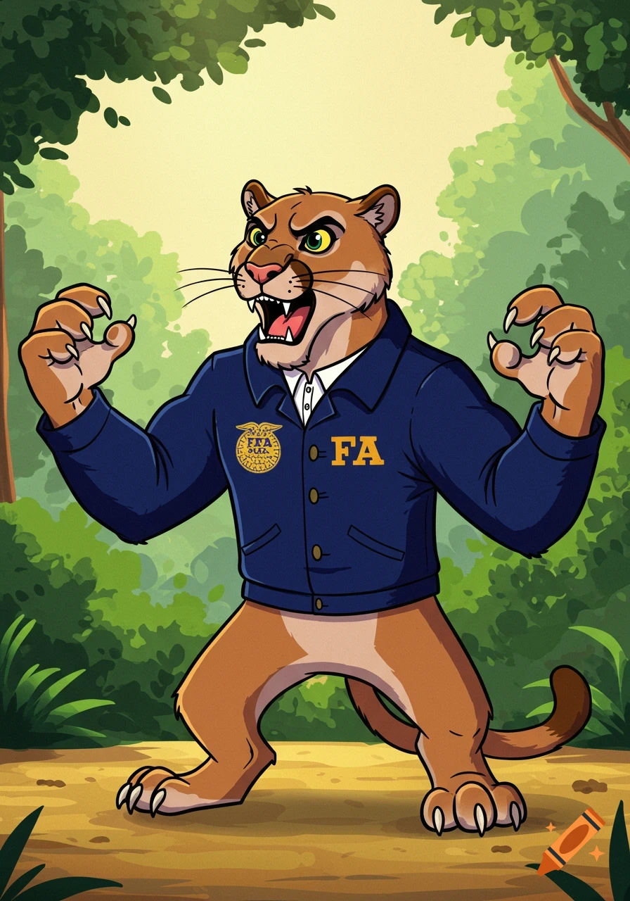 A ferocious cartoon cougar in a blue FFA jacket, with claws raised, standing in a forest.