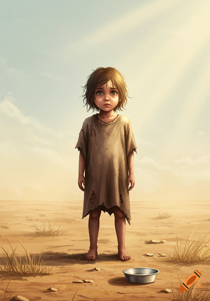 An illustration of a sad, barefoot child in torn clothes standing in a desolate desert with an empty bowl.