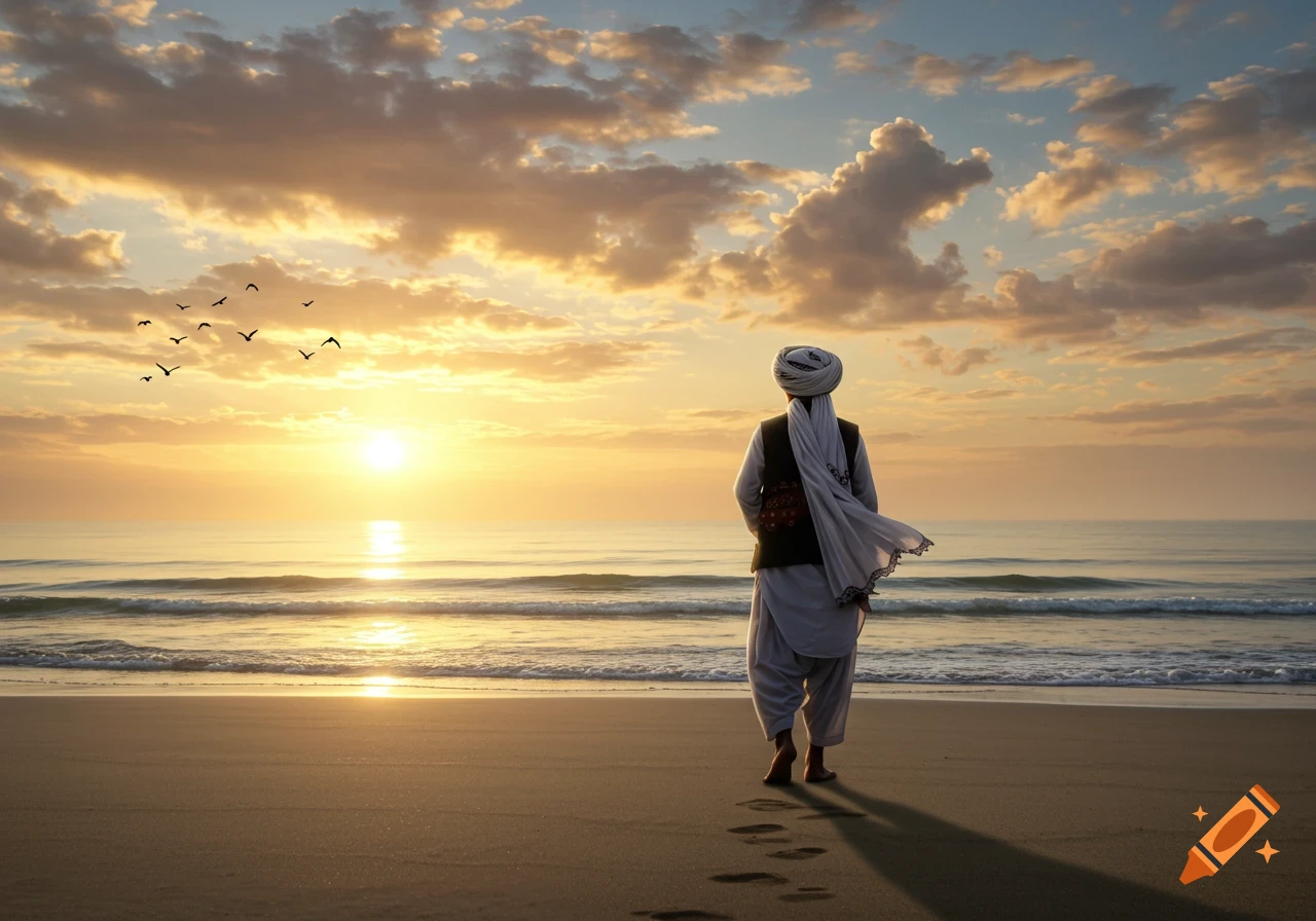 A person in traditional clothing walks on a sandy beach towards a vibrant sunset over the ocean, with birds flying in the sky.