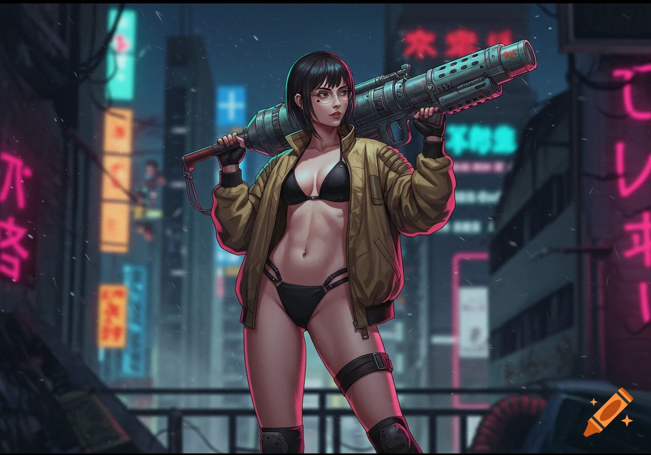 A dark-haired woman in a bikini and bomber jacket holds a bazooka in a neon-lit cyberpunk city, anime style.