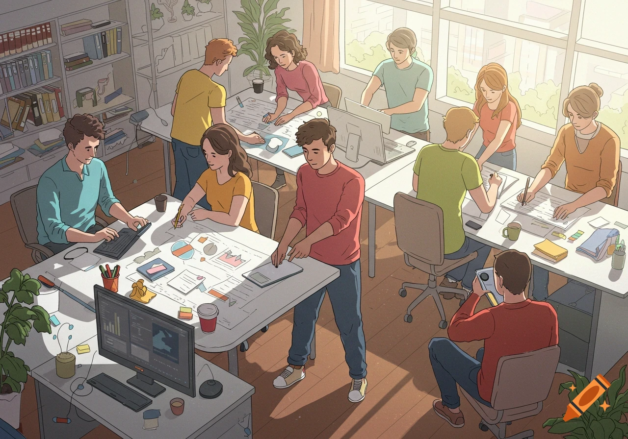 A bright, modern illustration of a busy open-plan office with multiple people working together at desks.