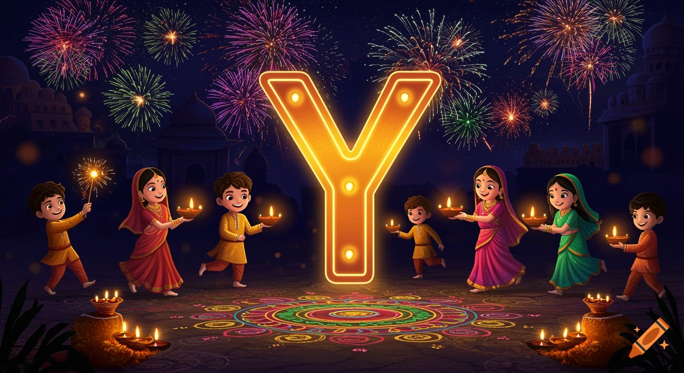 Cartoon illustration of children celebrating Diwali with a glowing letter Y, fireworks, diyas, and colorful rangoli.