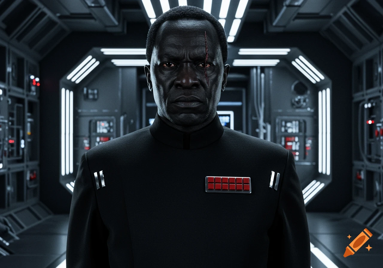 A stern Black man in a dark Imperial officer uniform with a prominent scar over his eye, standing in a sleek, dark sci-fi corridor.