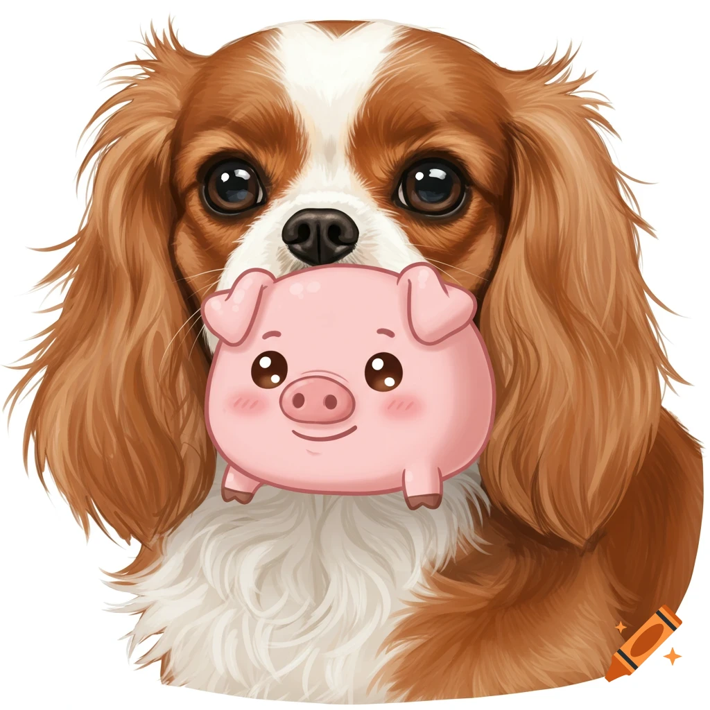 Cute cartoon illustration of a King Charles Cavalier dog with a cheerful pink piglet peeking out from its fur.
