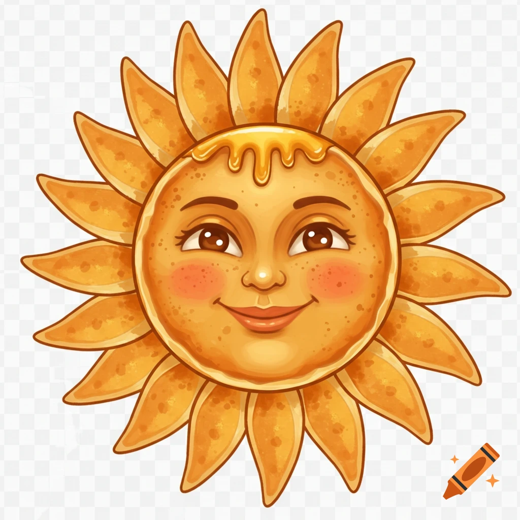 A cheerful sun character made of golden pancakes, with honey, rosy cheeks, and joyful eyes, in Russian folk-art style.