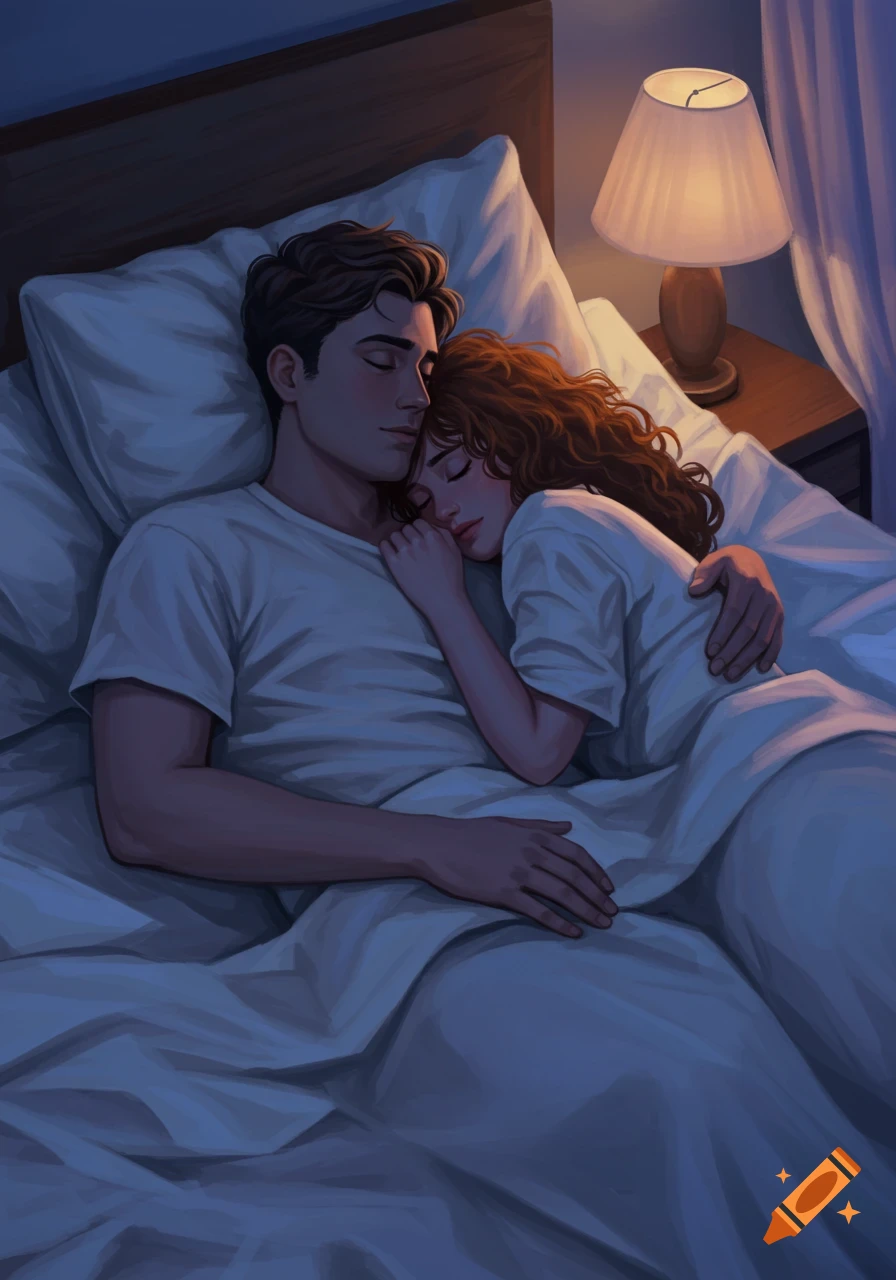 An illustration of a man and woman sleeping peacefully in bed at night, illuminated by a soft bedside lamp.