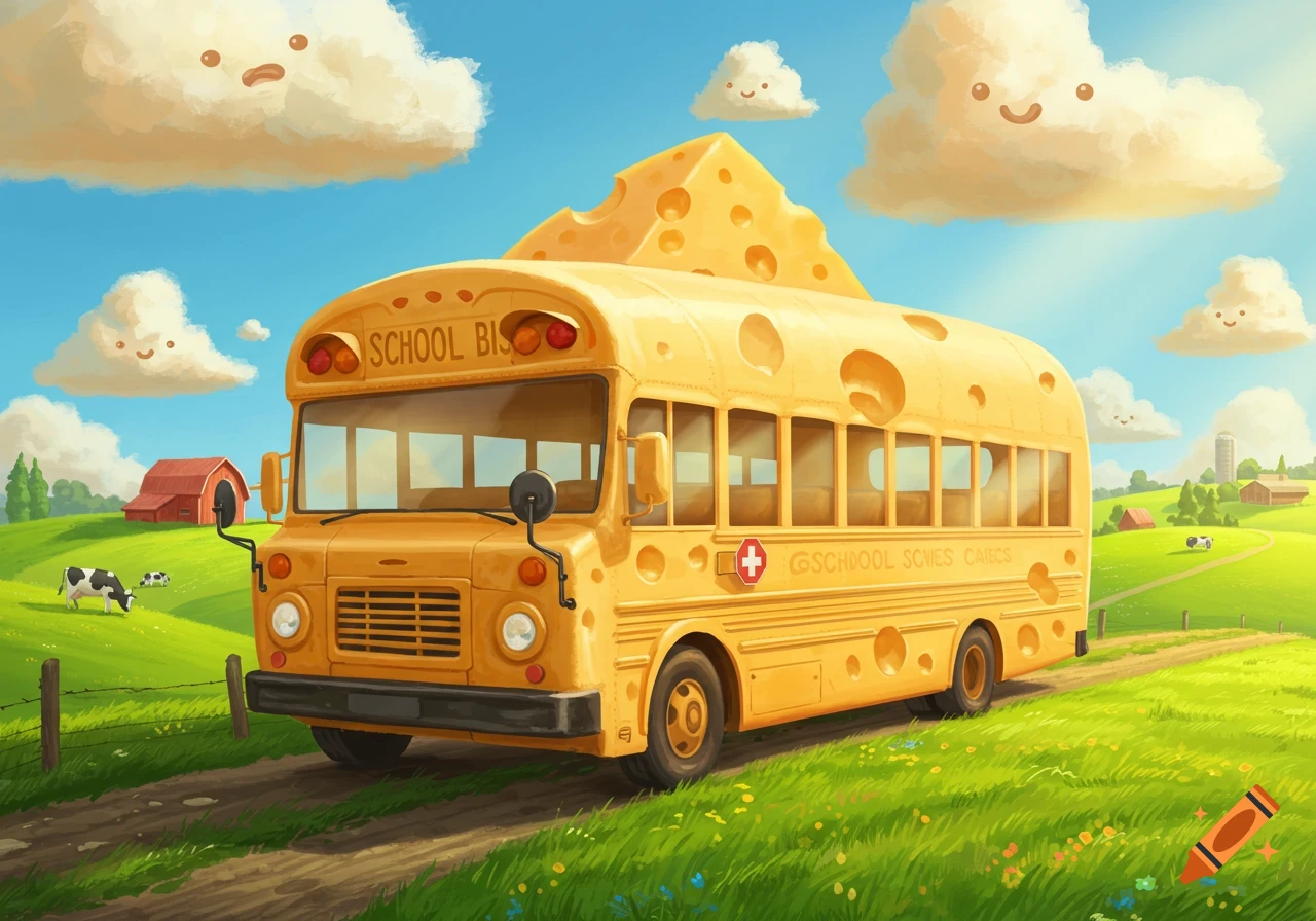 A cartoon yellow school bus made of swiss cheese drives on a dirt road through a green field. Smiling clouds float in a blue sky above.