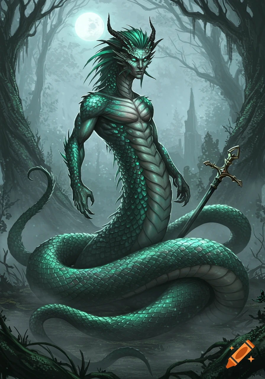 Muscular green wyrm man with horns and glowing eyes, standing in a misty forest under a full moon, with a sword.