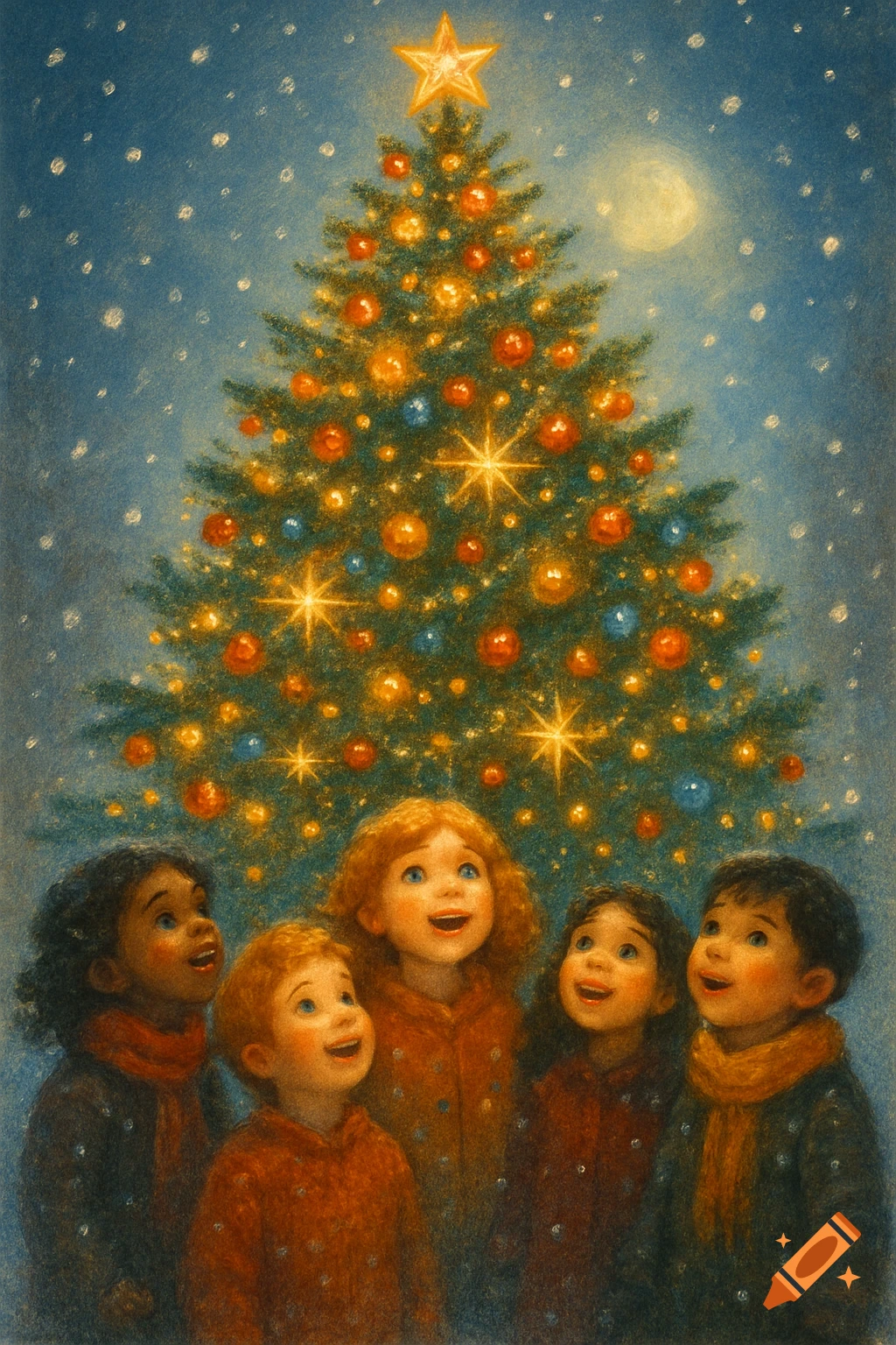 Illustrated children gaze in wonder at a brightly lit Christmas tree under a snowy night sky.