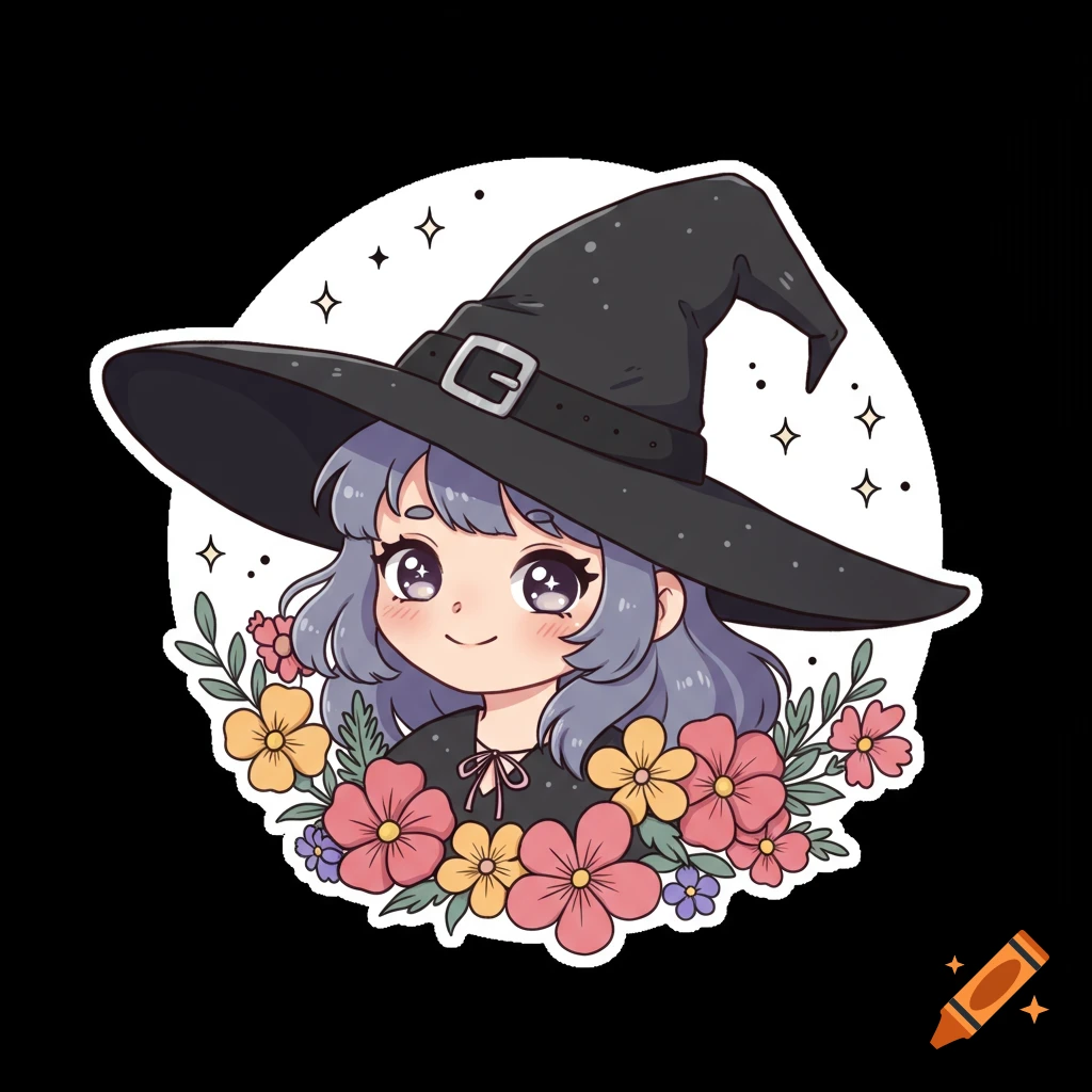 A cute anime witch wearing a black hat, surrounded by colorful flowers and sparkling stars, in a sticker style.