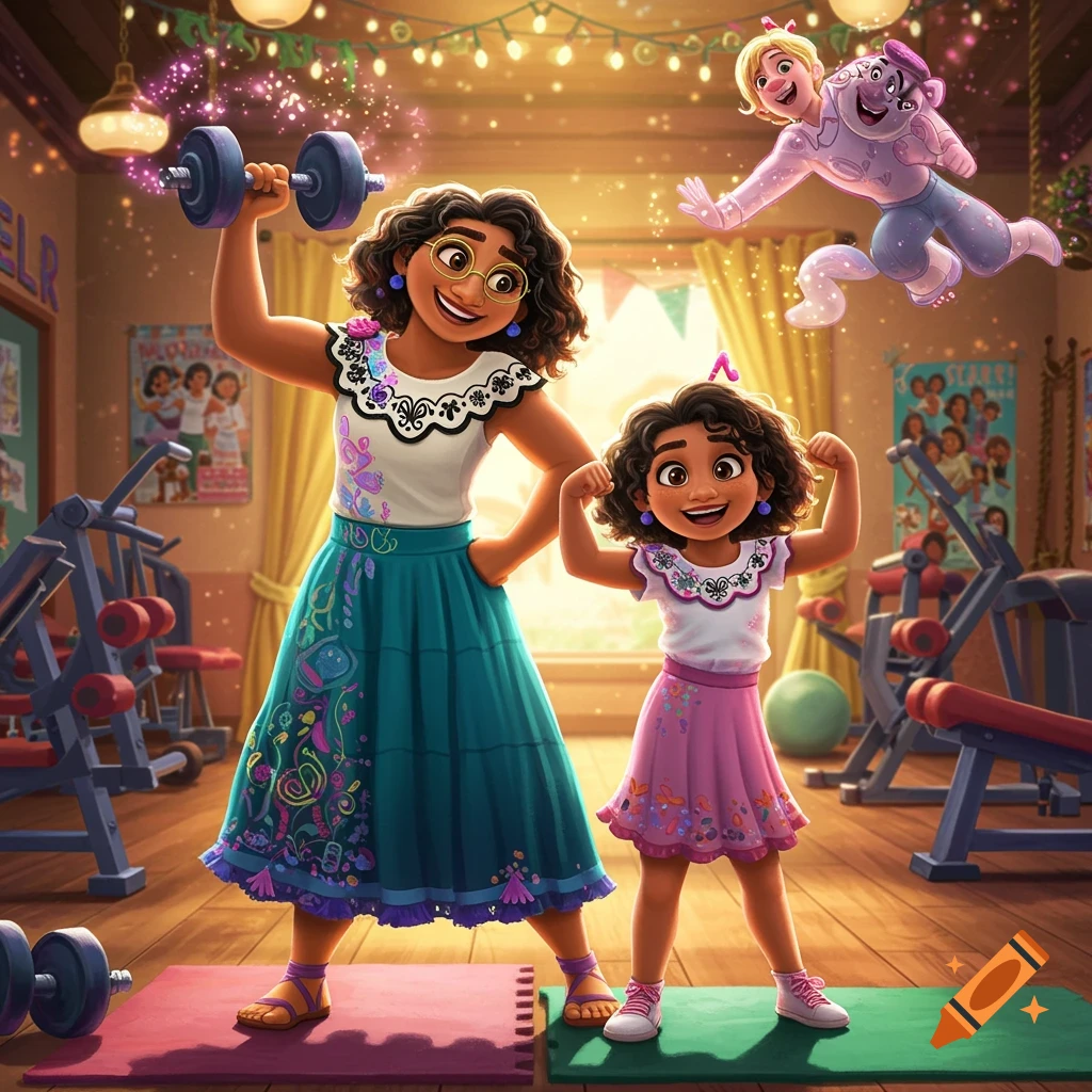 A cartoon of Julieta (Mirabel's mother) lifting a dumbbell while her daughter Mirabel flexes in a brightly lit gym. Isabela floats nearby.