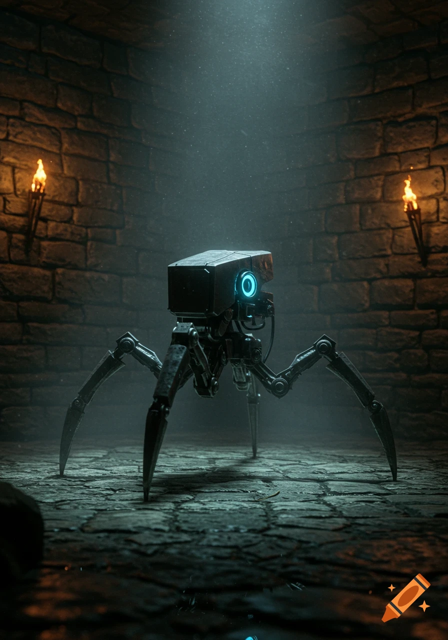A realistic spider-like robot with a glowing blue eye in a dark, torch-lit dungeon room with a spotlight from above.