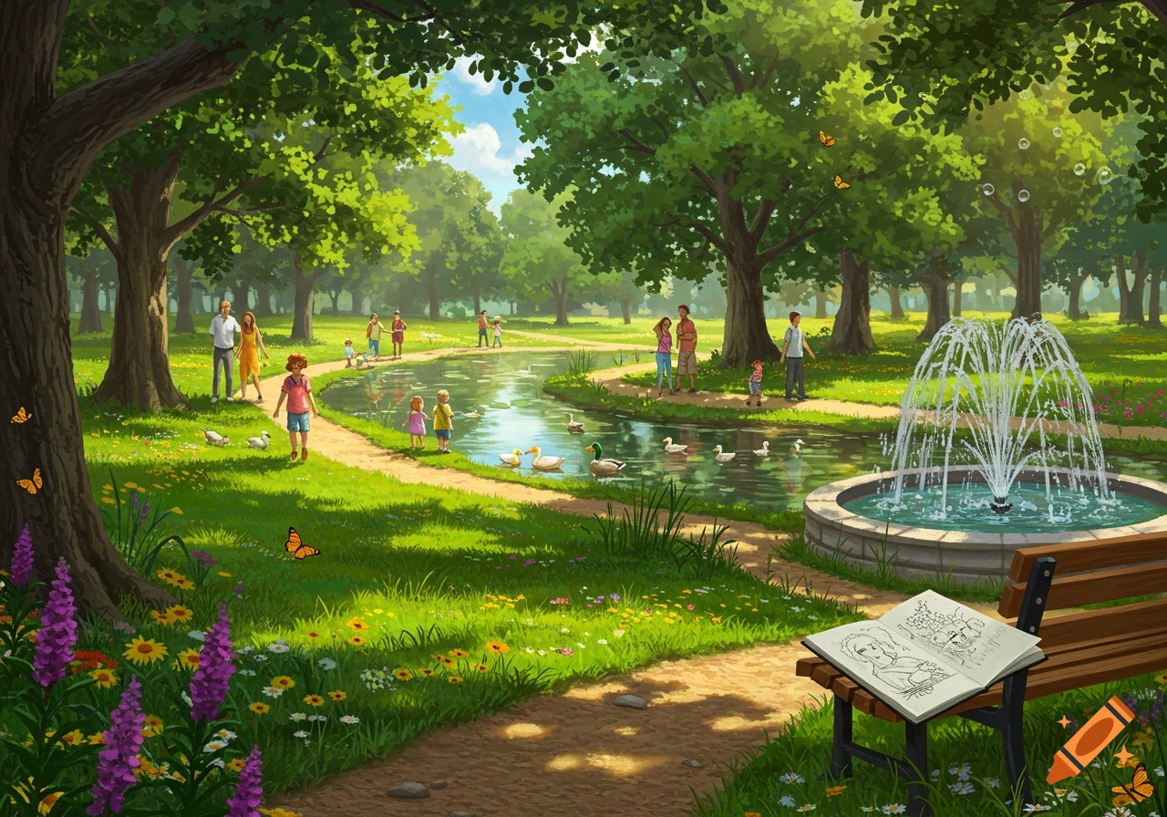 A vibrant illustration of a sunny park with families, ducks in a stream, a fountain, and an open sketchbook on a bench.