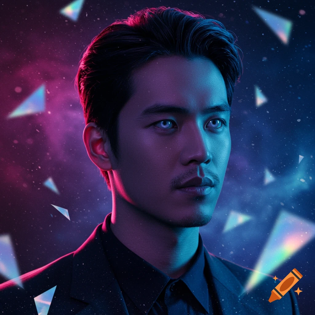 A man with glowing blue eyes and a mustache, lit by neon pink and blue light, with floating geometric shapes in the background. Photorealistic style.