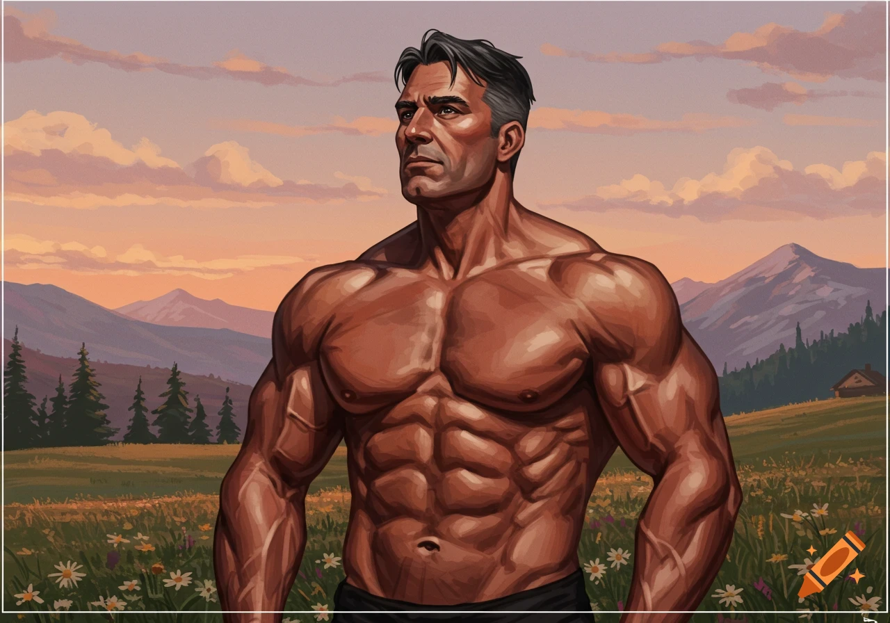 Illustration of a muscular man with a serious expression standing shirtless in a field with mountains and a sunset sky.