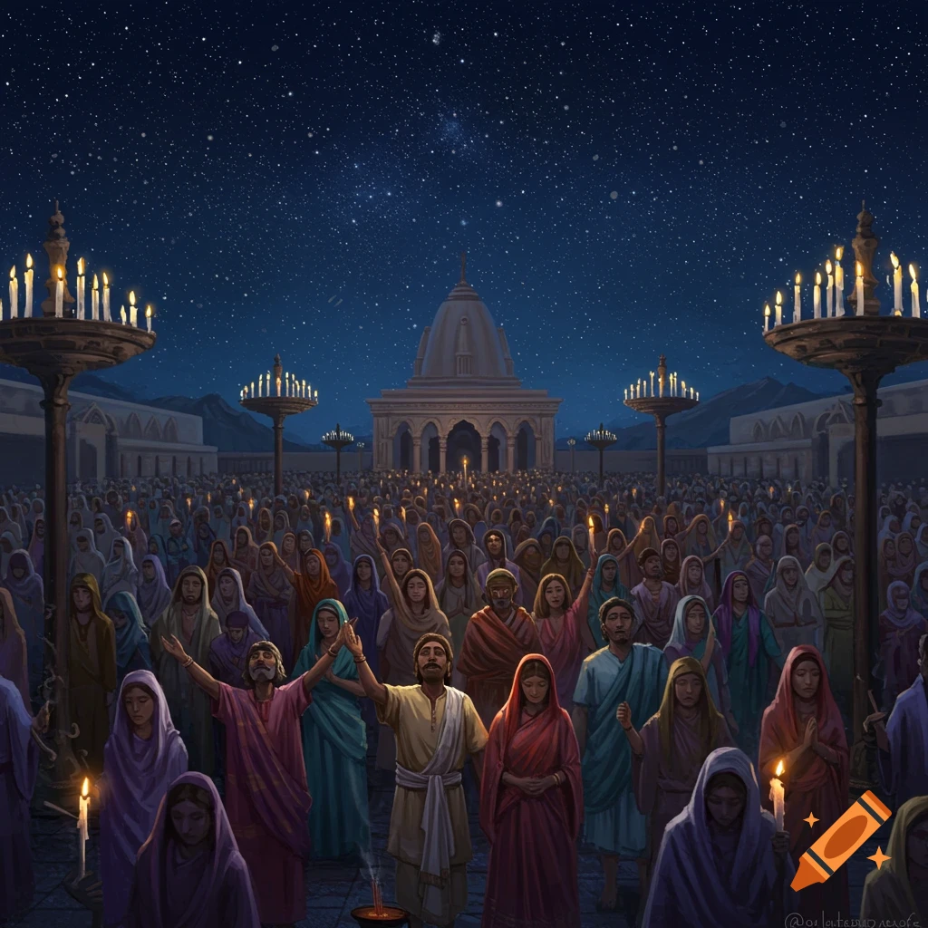 A large crowd of people in ancient robes worship under a starry night sky, holding candles in front of a temple.