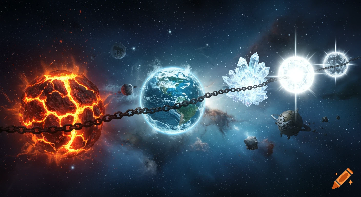 Fantasy depiction of chained planets in space: molten, Earth, crystal, and glowing spheres connected by chains.