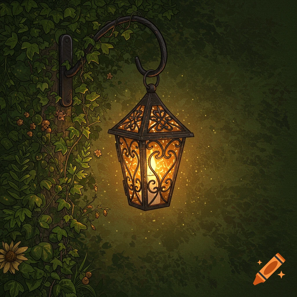 A glowing, ornate metal lantern with intricate patterns hangs on a vine-covered wall in a mystical, stylized illustration.