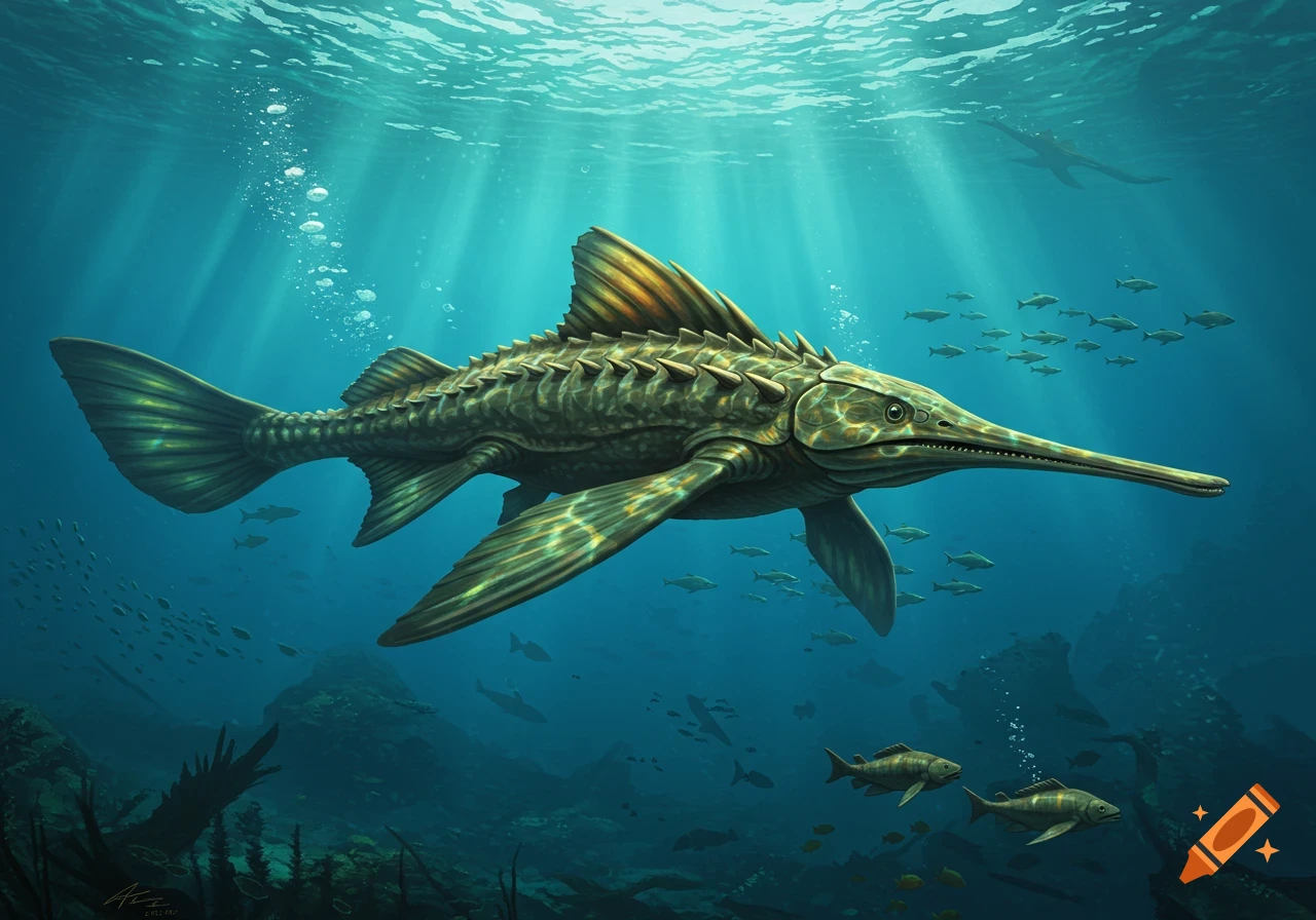 A detailed prehistoric fish with a long snout and spiky back swims in sunlit blue ocean waters, surrounded by smaller fish.